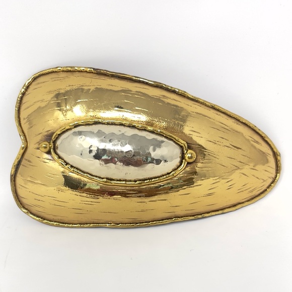 Vintage Accessories - Vintage Gold Abstract Belt Buckle Hammered, Silver Center Statement